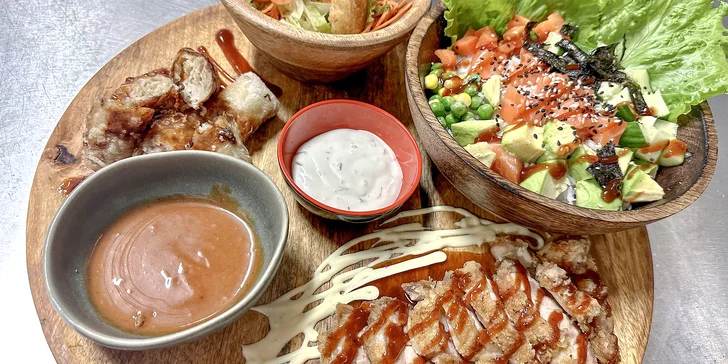 Pestrobarevné sety s 16-54 ks sushi i asijské speciality: maki, závitky i poké