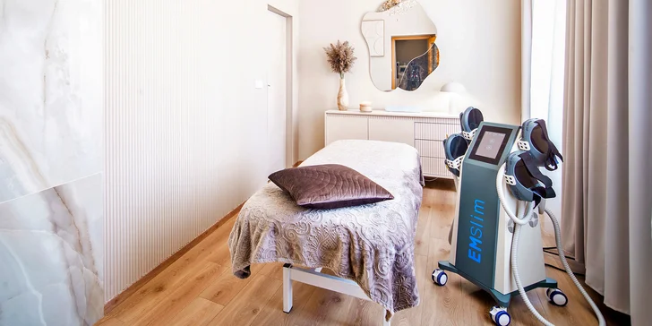 Intenzivní elektromagnetická redukce tuku a stimulace svalu i kalhotová přístrojová lymfodrenáž