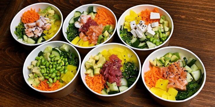 Havajské poke bowl na odnos s sebou: losos, krab, tofu i mango orange, pro 1-4 os.