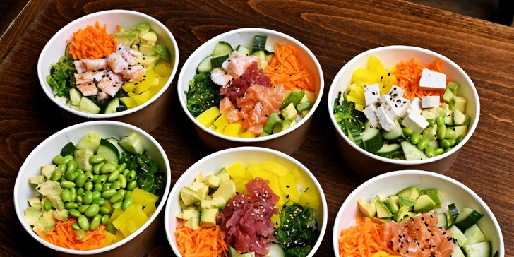 Havajské poke bowl na odnos s sebou: losos, krab, tofu i mango orange, pro 1-4 os.