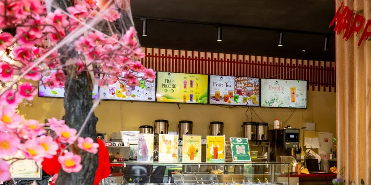 Ovocné nebo mléčné bubble tea s želé, tapiokou nebo bobou v podniku Geicha v Porubě