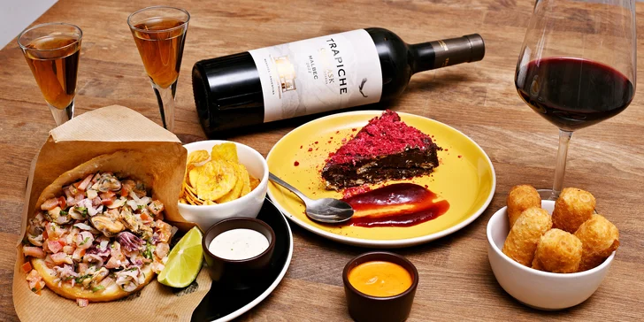 Venezuelské menu pro dva: předkrm, tradiční arepas, dezert, sklenka vína i venezuelský rum