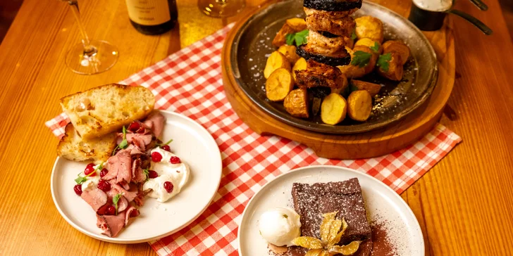 Tříchodové menu s hořícím masovým mečem i vinným párováním pro dva