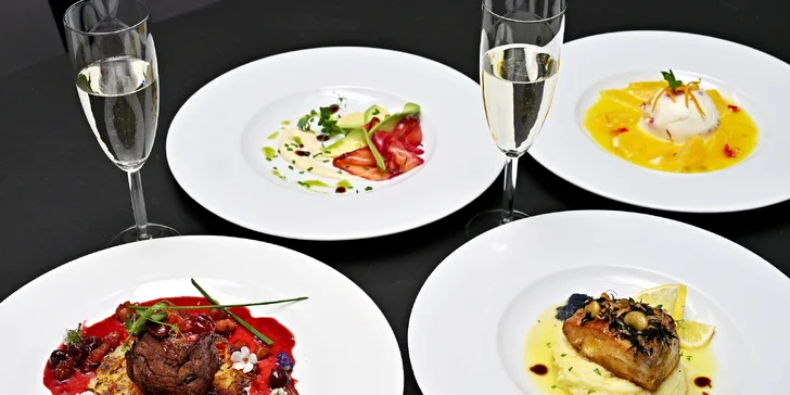 4chod. menu s výhledem na Prahu: losos, modrohlav, srnčí, panna cotta a prosecco