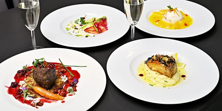 4chod. menu s výhledem na Prahu: losos, modrohlav, srnčí, panna cotta a prosecco