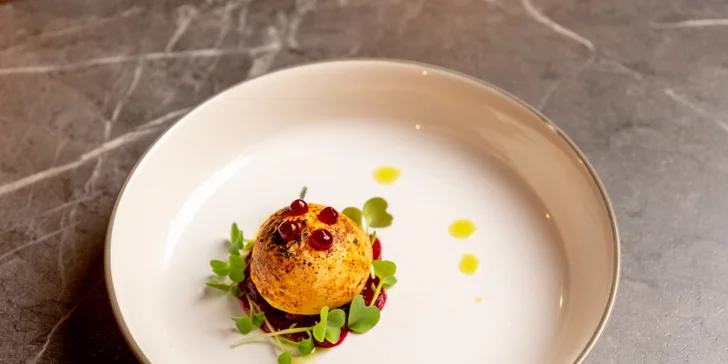 Degustační 11chodové menu pro dva: terina, bliny, mořský vlk, dušené hovězí i vinné párování