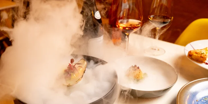 Degustační 11chodové menu pro dva: terina, bliny, mořský vlk, dušené hovězí i vinné párování