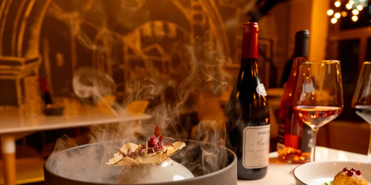 Degustační 11chodové menu pro dva: terina, bliny, mořský vlk, dušené hovězí i vinné párování