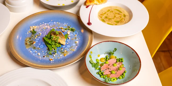 Degustační 11chodové menu pro dva: terina, bliny, mořský vlk, dušené hovězí i vinné párování