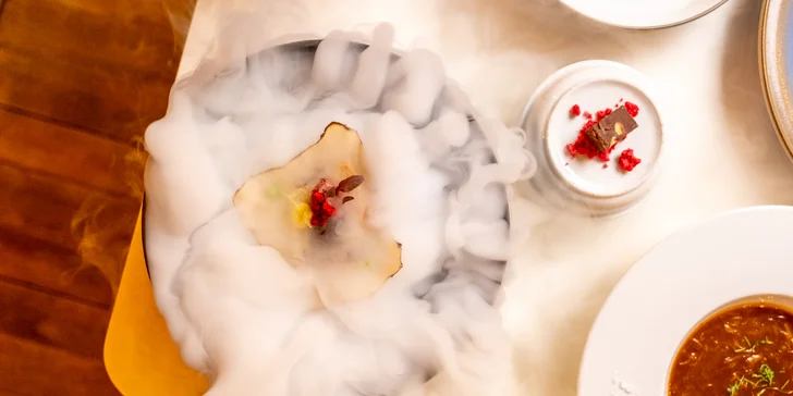 Degustační 11chodové menu pro dva: terina, bliny, mořský vlk, dušené hovězí i vinné párování