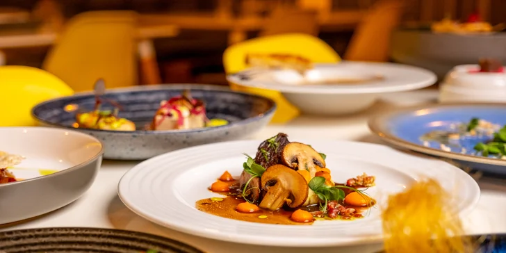 Degustační 11chodové menu pro dva: terina, bliny, mořský vlk, dušené hovězí i vinné párování