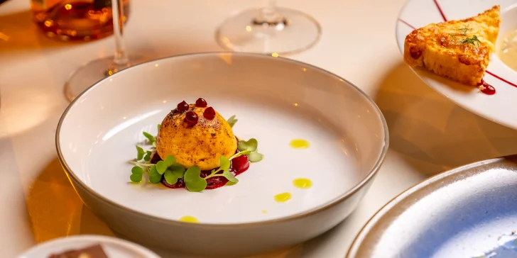 Degustační 11chodové menu pro dva: terina, bliny, mořský vlk, dušené hovězí i vinné párování