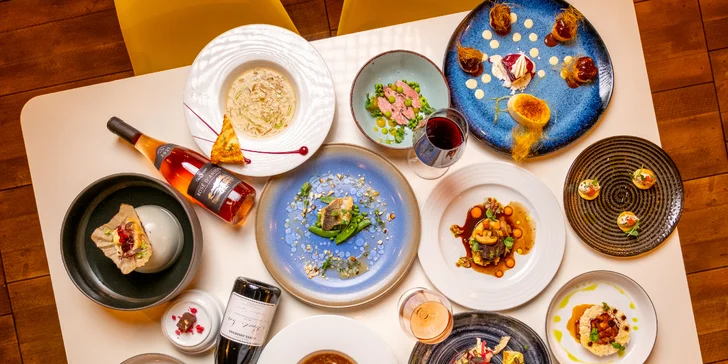 Degustační 11chodové menu pro dva: terina, bliny, mořský vlk, dušené hovězí i vinné párování