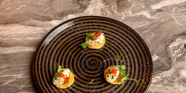 Degustační 11chodové menu pro dva: terina, bliny, mořský vlk, dušené hovězí i vinné párování