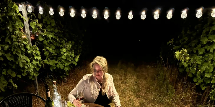 Zážitková večeře uprostřed vinice s degustací, lahví vína a prohlídkou pro dva