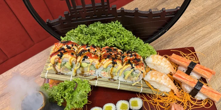 Sushi sety s tuňákem, avokádem i kaviárem či úhořem a krabem: 16–73 ks