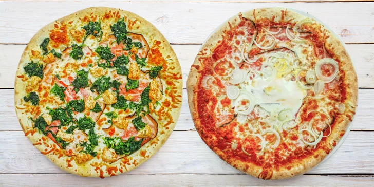 Pizza s sebou pro 1 i 2 osoby: průměr 32 i 40 cm, slanina, špenát i tvarůžky