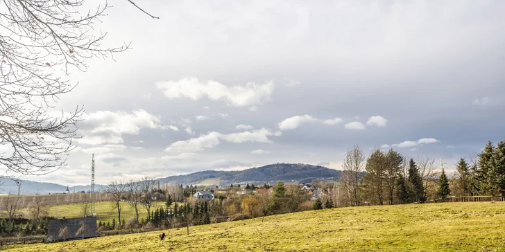 Chata na ranči v podhůří Beskyd: plně vybavená vč. kuchyňky, terasa s výhledem na koně
