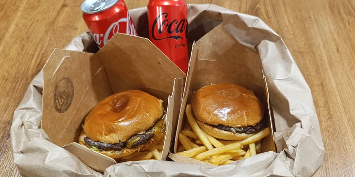 Vypečený burger dle výběru pro 1 až 4 osoby: hranolky, nápoj i odnos s sebou