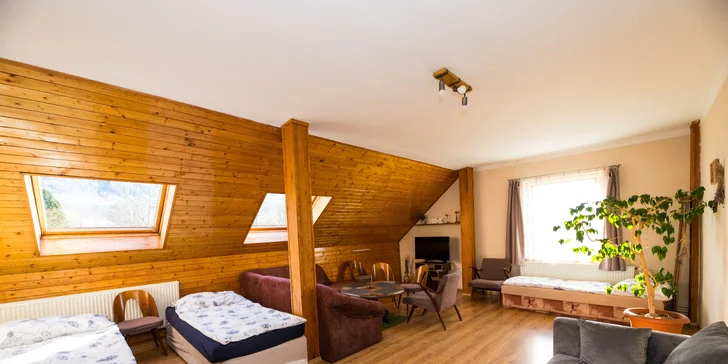 Vybavené apartmány u Hejnic v Jizerských horách až pro 8 osob, zahrada s potokem