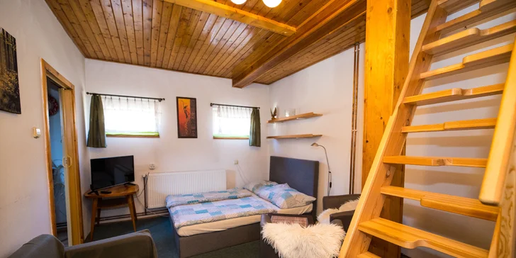 Vybavené apartmány u Hejnic v Jizerských horách až pro 8 osob, zahrada s potokem