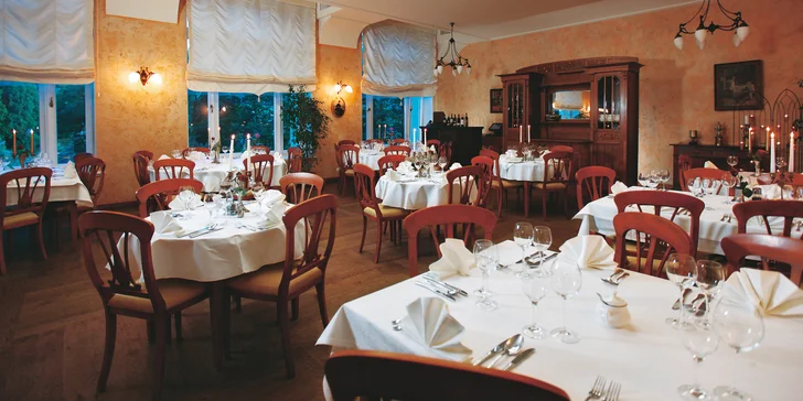 V balíčku máte vždy snídani nebo polopenzi, která se podává v zámecké restauraci. V romantické variantě se těšte na speciální večeři, kterou si můžete vychutnat i přímo na pokoji. 