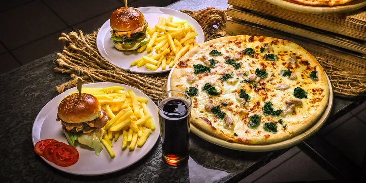 Pizza o ⌀ 40 cm nebo burger s hranolky a nápoj dle výběru pro 1 nebo 2