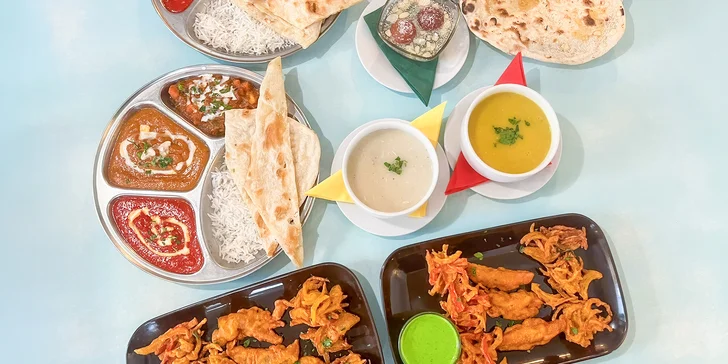 4chodové indické menu pro dva: variace předkrmů, polévka, kuřecí talíř Thali i dezert
