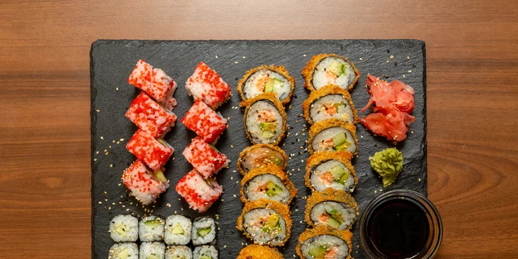 Pestré sety 28–72 ks sushi ve Frýdku-Místku: s okurkou, avokádem i tuňákem či krabem