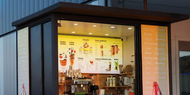 Velký trdelník: příchuť dle výběru, nutella, zmrzlina i ledová káva nebo cappuccino