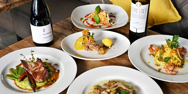 Italské degustační menu se steakem z tuňáka či telete i s lahví vína pro 2 osoby
