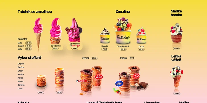 Velký trdelník: příchuť dle výběru, nutella, zmrzlina i ledová káva nebo cappuccino