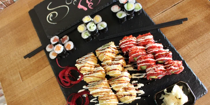 Set 24, 34 nebo 40 kusů pestrého sushi s rybami, krabem i avokádem