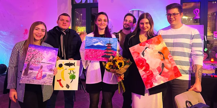 Malování s vínem pro jednoho, pár i partu přátel vč. plátna a pomůcek