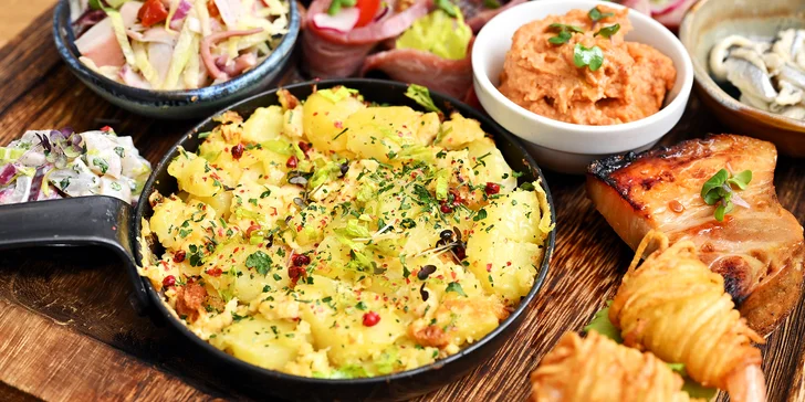 Tapas v novém bistru na Míráku: jamon, salát s chobotnicí, ceviche z vlka, plněné košíčky, flank steak a další