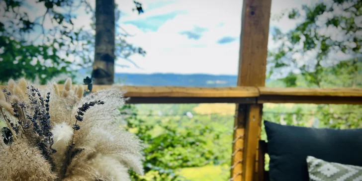 Vybavený treehouse na úpatí Krušných hor: terasa, houpací křesla i gril