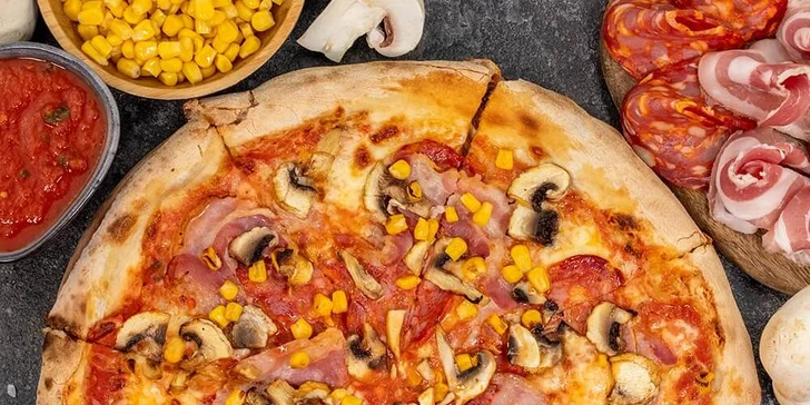 1 nebo 2 pizzy s sebou, výběr z 5 druhů: quattro formaggi, capricciosa, hermelino, diavola i hawai