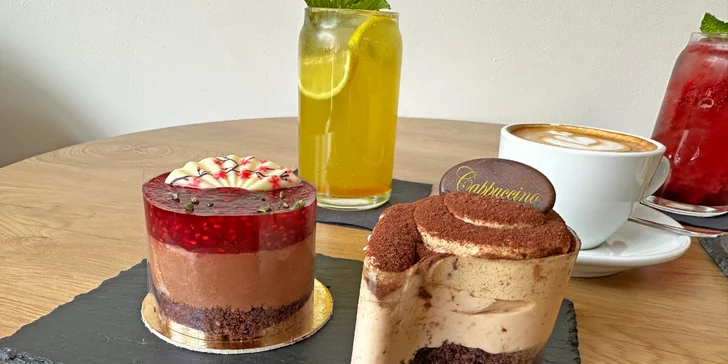 Káva, dezert a domácí limonáda pro 1 nebo 2 osoby: tiramisu, větrník a další dobroty