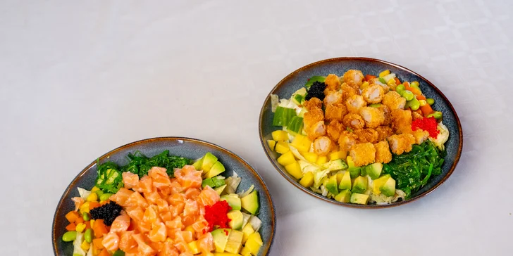 Poké dle výběru pro 1 či 2 osoby: tuňák, losos i krevety