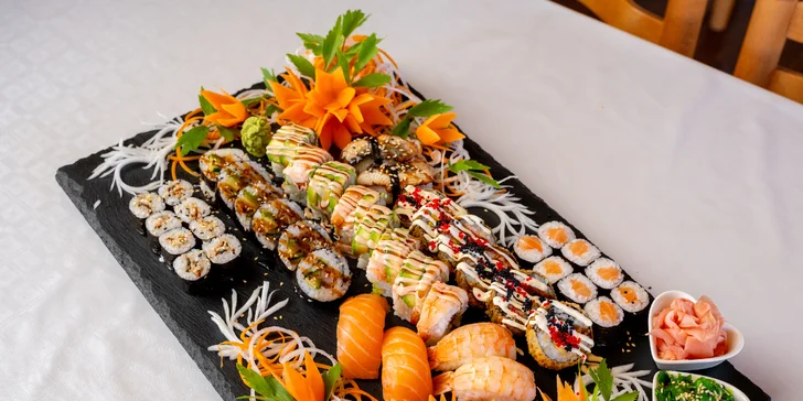 Pestré sushi sety: 20–48 kusů s rybami, krabem, úhořem i zeleninou