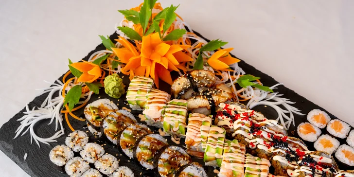 Pestré sushi sety: 20–48 kusů s rybami, krabem, úhořem i zeleninou