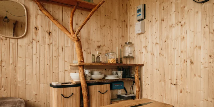 Vybavený treehouse na úpatí Krušných hor: terasa, houpací křesla i gril