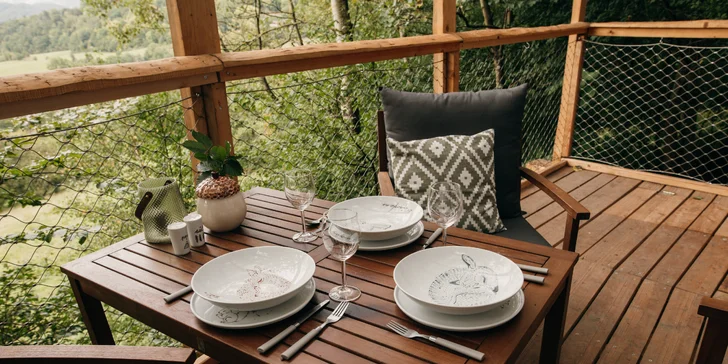 Vybavený treehouse na úpatí Krušných hor: terasa, houpací křesla i gril