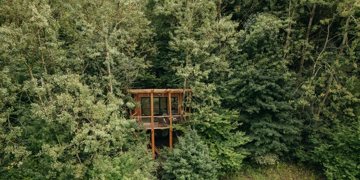 Vybavený treehouse na úpatí Krušných hor: terasa, houpací křesla i gril