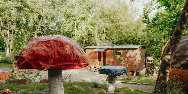 Kouzelná maringotka u CHKO Blaník inspirovaná Alenkou v říši divů: čajovna i privátní wellness