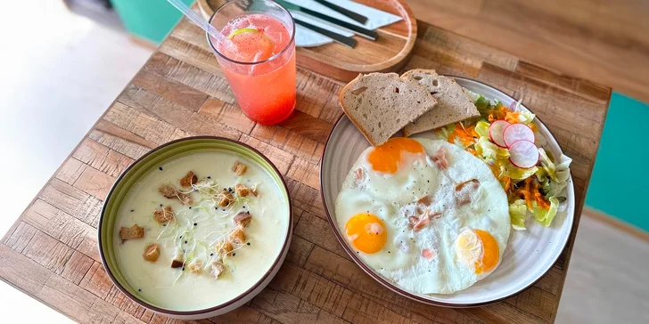 Obědové menu nasladko i naslano: polévka, hlavní chod a limonáda pro 1 a 2 osoby