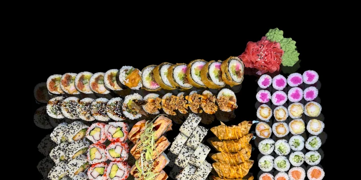 Nadupané sushi sety na odnos s sebou: 36 až 88 ks i gyoza taštičky, losos, avokádo i okurka