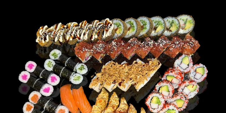 Nadupané sushi sety na odnos s sebou: 36 až 88 ks i gyoza taštičky, losos, avokádo i okurka
