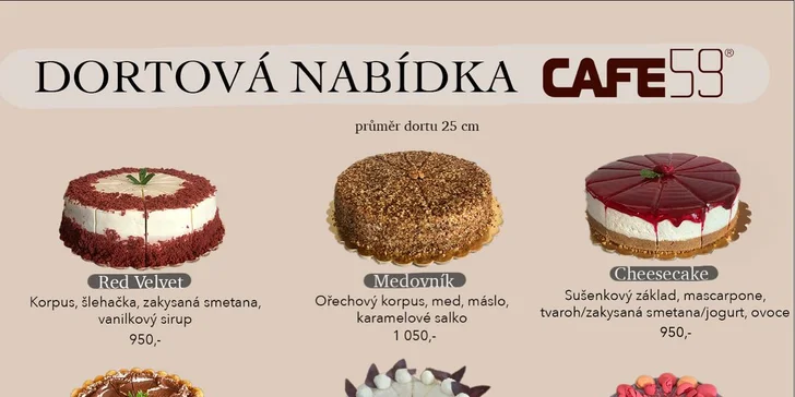 Otevřený voucher na kávu, dezerty, koktejly, dárkové balíčky a jídla z nabídky CAFE59