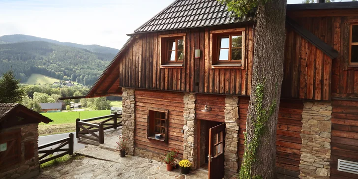 Pohádkové ubytování v šumavské roubence: výhled na Královský Hvozd, možnost snídaní